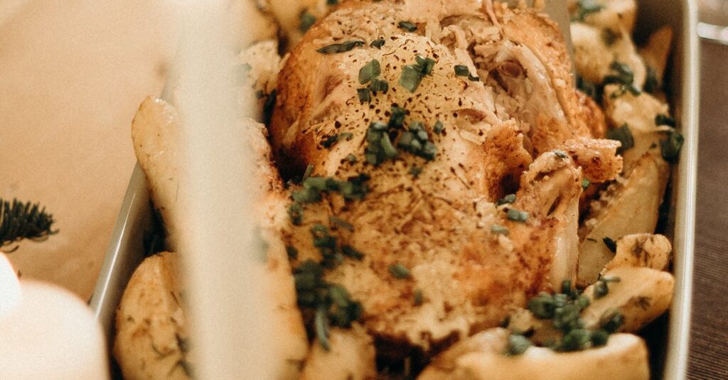 A delicious roast turkey being carved for a festive dinner, perfect for holiday gatherings.